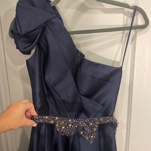Jovani | Navy One Shoulder Belted with beads + Bow | short ~ Cocktail